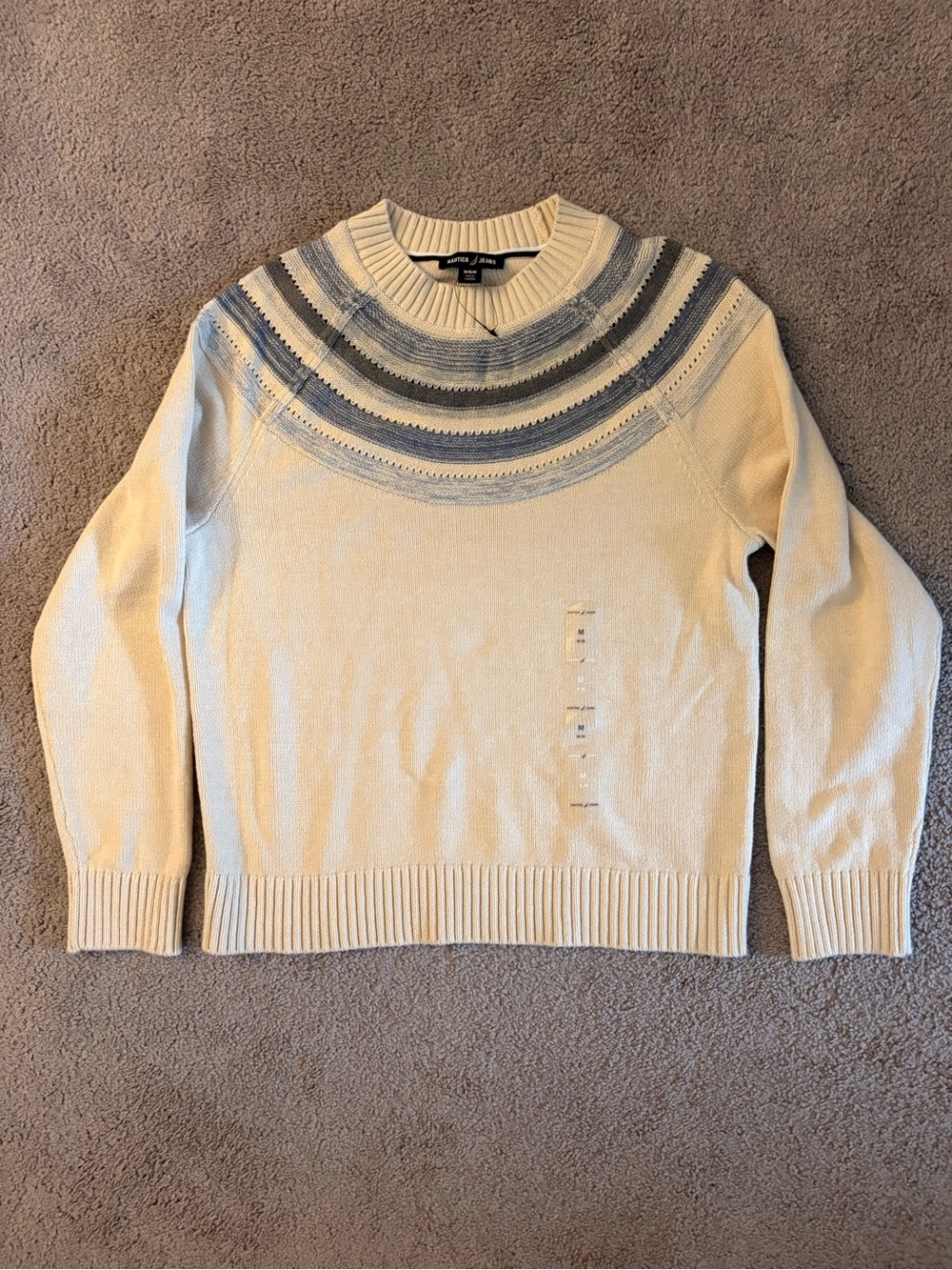 Nautica Boys Youth Medium Cream Crewneck Sweater with Blue Stripe Yoke
